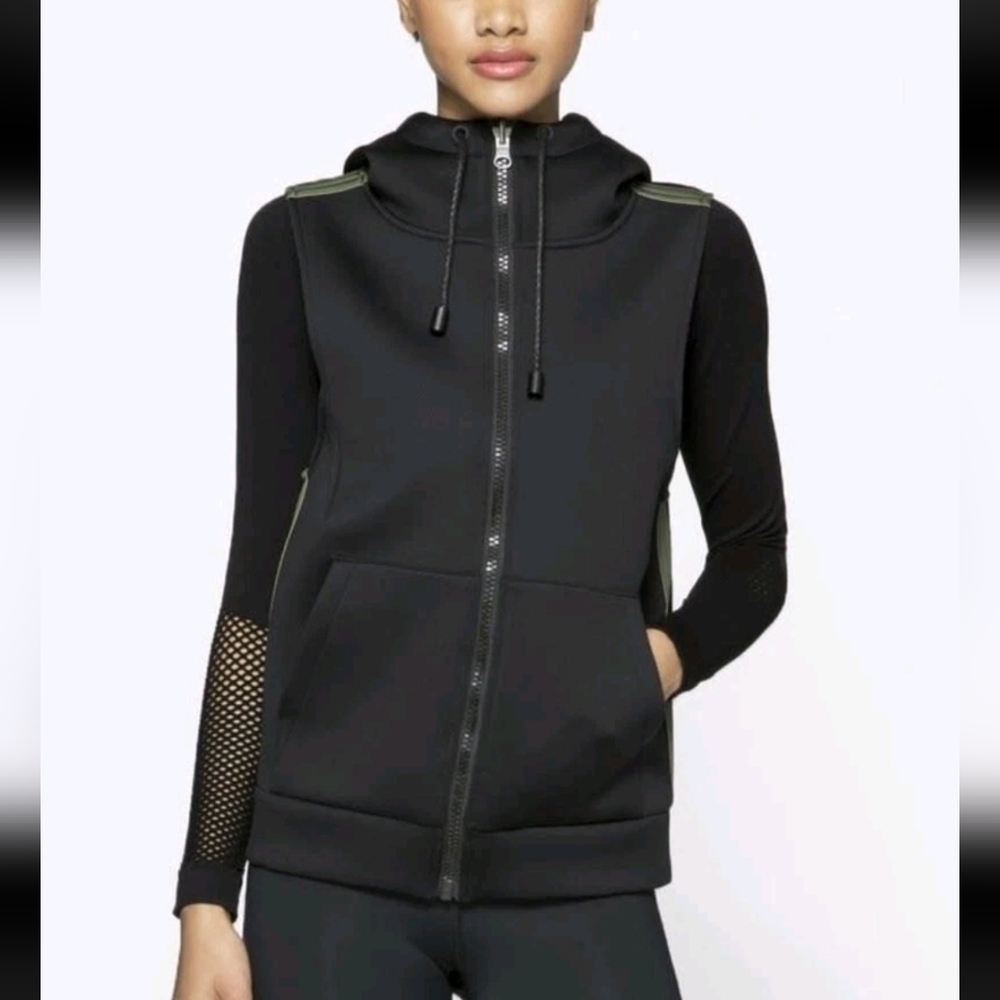 Alala Black Hooded Paneled Zip Vest with Olive Trim - Picture 1 of 16